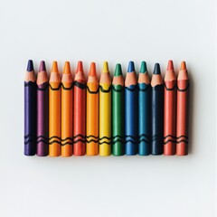 Vibrant spectrum of colorful crayons neatly arranged on a white surface, creating a bright and appealing composition
