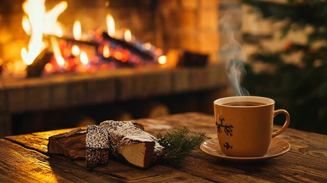 Cozy winter evening scene with fireplace, cup of coffee, and dessert on wooden table