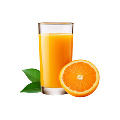 Glass of orange juice with slice and leaf on transparent background