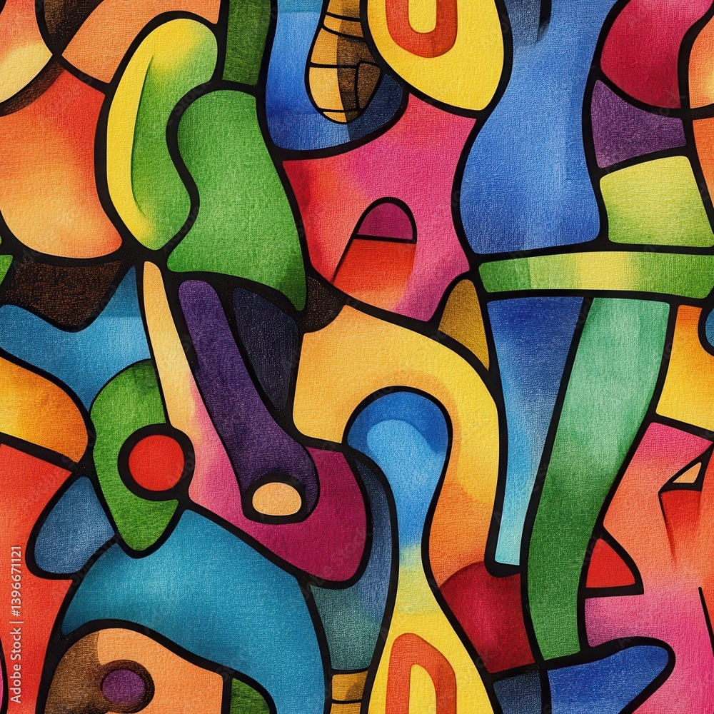 Poster vivid abstract composition with bold black outlines and a textured, colorful canvas effect
