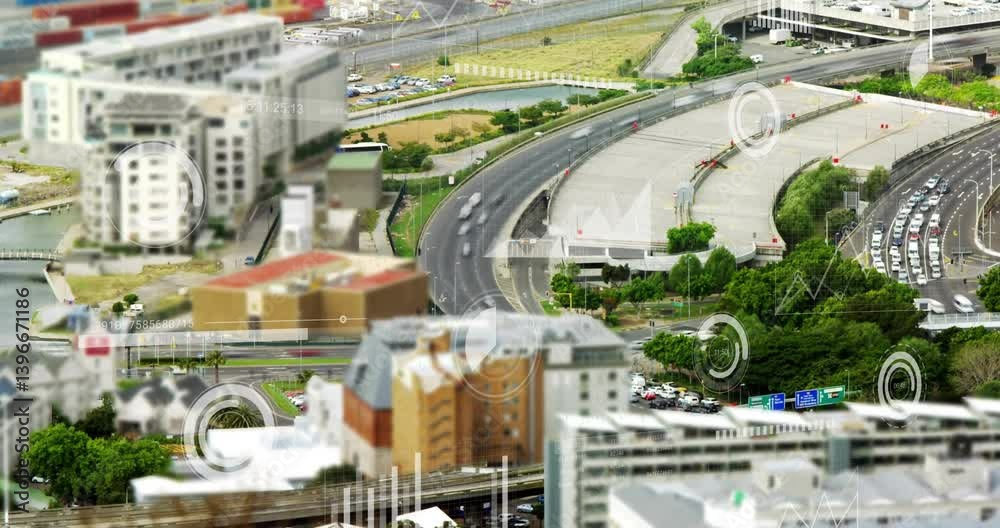 Poster tilt-shift effect on urban landscape with digital data processing animation overlay