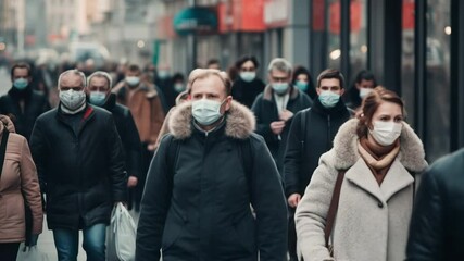 Crowd of people wearing masks walking street - Powered by Adobe