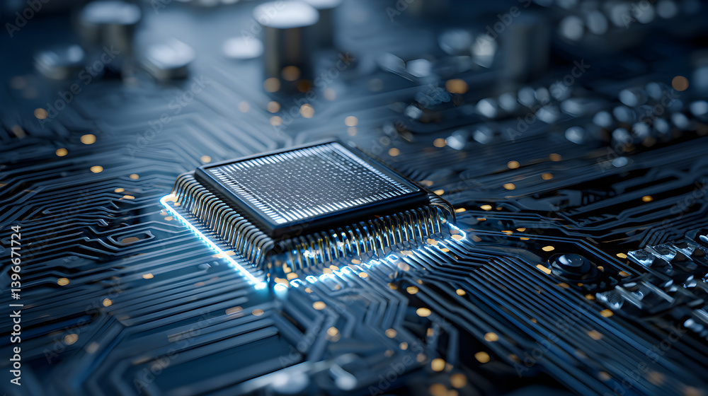 Poster close-up view of a computer chip on a circuit board with bright lighting and intricate patterns show