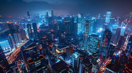 Modern City at Night – A Captivating Scene of Urban Light, High-Rise Building and Busy City