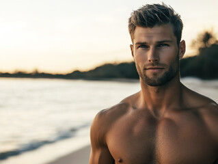 Shirtless man posing on beach during sunset near trees
