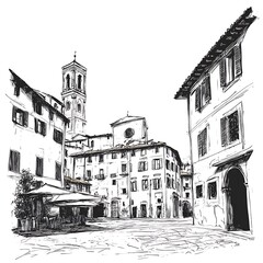 Sketch of a quaint European town square with old buildings and a bell tower.