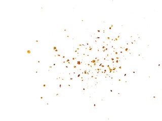 Dried red chili powder flying. Grainy scatterings of spicy burst . Splashes of red pepper powder.Overlay effect chilli or paprika spice splatters.