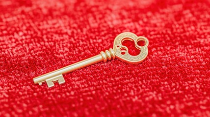 Golden key placed on red velvet fabric representing exclusive access, authority, and luxury, with intricate details and elegant design. Symbol of security, power, and premium membership.
