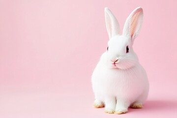 Obraz premium A fluffy white bunny, a symbol of springtime innocence and Easter cheer, sits serenely against a soft pink background.