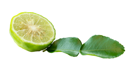 Side view of fresh green bergamot fruits or kaffir lime in one half with green leaf in stack isolated with clipping path in png file format