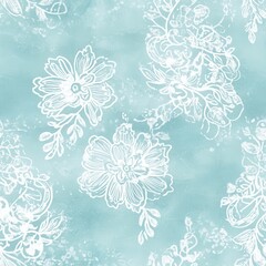 Fototapeta premium Serene Watercolor Doodle Cartoon Drawings Pattern: Floral White Outlines on Pastel Blue Backdrop