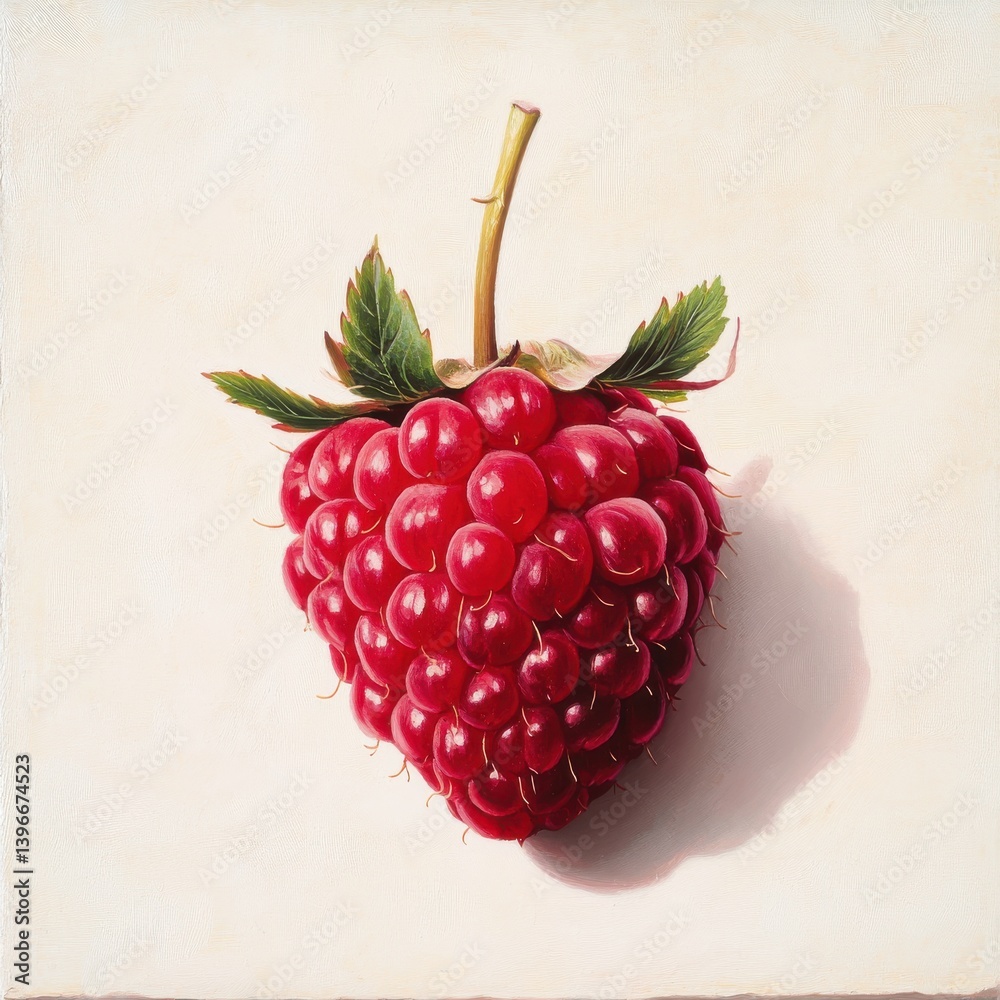 Aufkleber Artistic Rendering of a Ripe Raspberry with Detailed Drupelets and Realistic Stem on Textured Canvas