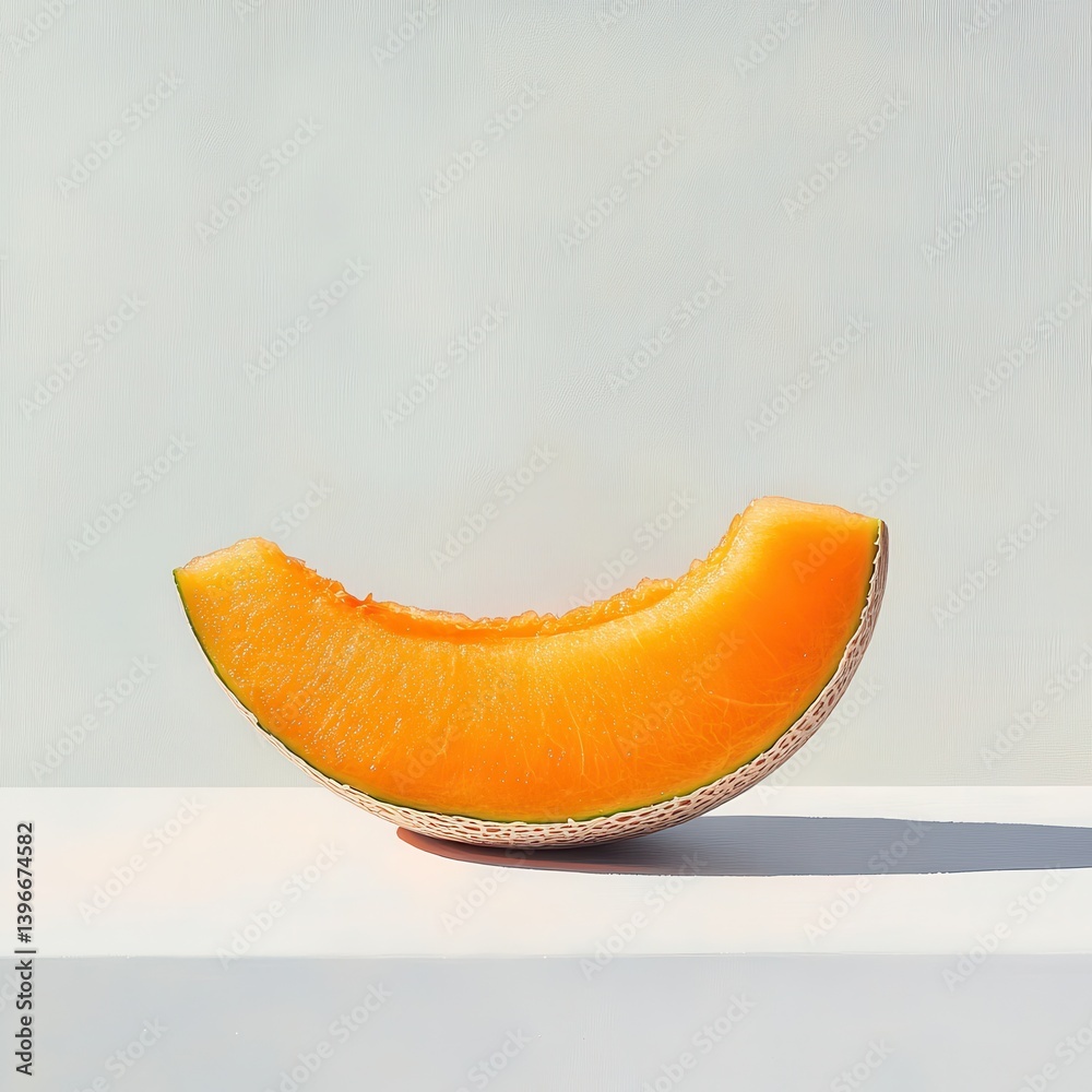 Aufkleber ripe cantaloupe slice on white surface showcases its vibrant orange flesh and textured rind in a sim