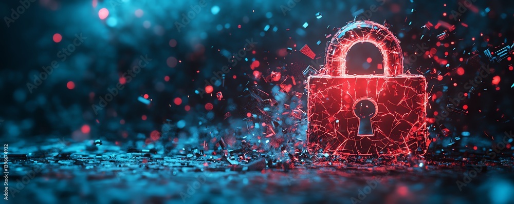 Poster Photo realistic depiction of a hacker breach, red broken padlock representing system hack, internet security alert, digital defense, generative AI style