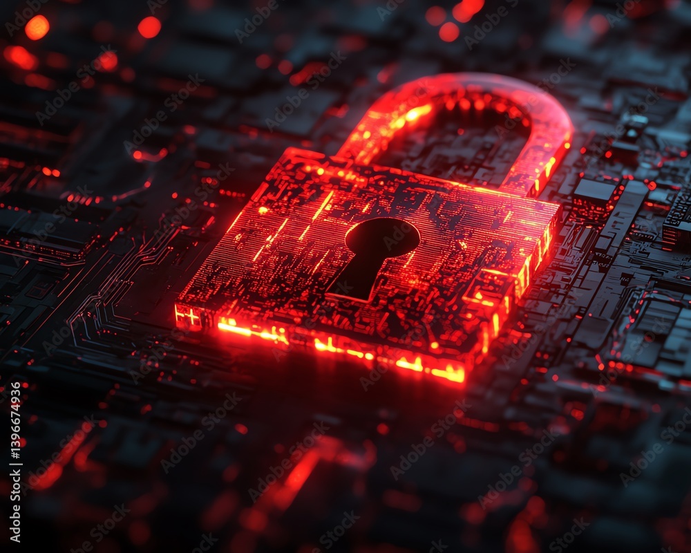 Leinwandbilder photo realistic image of a hacker attack on a system, red broken padlock symbolizing security breach