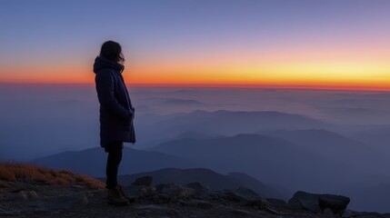 A silhouette of a female figure standing on a mountain peak at sunrise - breathtaking freedom rising serene
