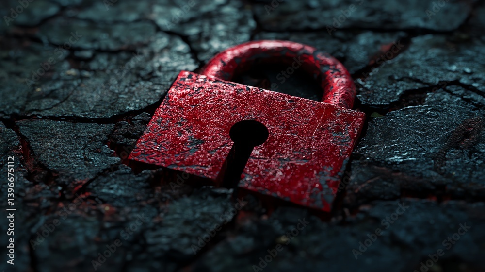 Poster 3d rendered image of a system hacked, red padlock shattered, security breach alert, cybersecurity vu