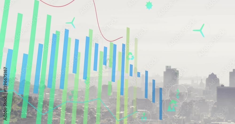 Poster animating colorful bar and line graphs over cityscape background in dynamic display