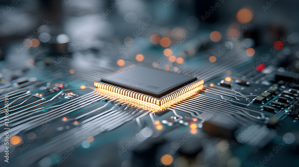 Poster detailed close-up of a modern microchip on a circuit board with glowing lights and complex wiring di
