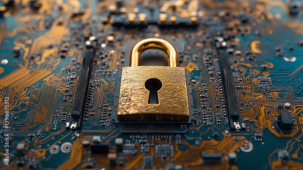 Leinwandbilder cybersecurity concept with a padlock on a computer mainboard, representing data protection, network 