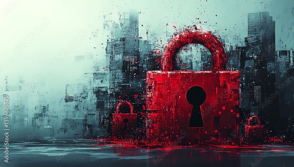 Aufkleber generative ai illustration of hacker attack, system breached, red broken padlock, alert warning, cyb