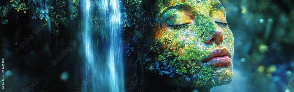 Poster enchanting surrealist image of a serene woman's face merging with a vibrant forest, with a waterfall