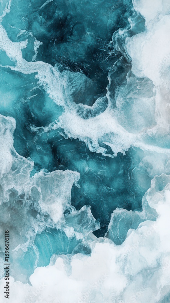 Aufkleber aerial perspective of dynamic ocean currents and white foamy waves creating a turbulent abstract tex