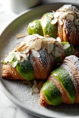 A beautiful arrangement of matcha croissants topped with almonds and powdered sugar on an elegant plate.