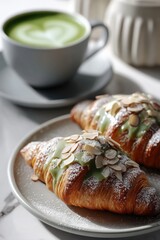 A beautiful culinary display of gourmet croissants topped with green icing and almonds, paired with vibrant matcha tea.