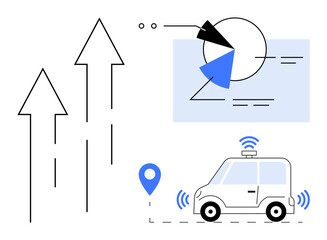 Self-driving car with wireless signals, map pointer, growth arrows, and pie chart. Ideal for innovation, technology, transportation, data analysis, future trends automation flat simple metaphor