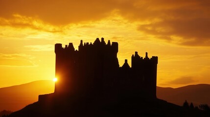 Obraz premium A medieval castle silhouette against a golden sunset sky, --ar 16:9 --v 6.1 Job ID: 04ec1bfd-0890-47b4-bc75-bc854215d8ef