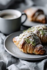 A beautiful close-up of croissants adorned with green matcha glaze and almonds on an elegant serve plate.