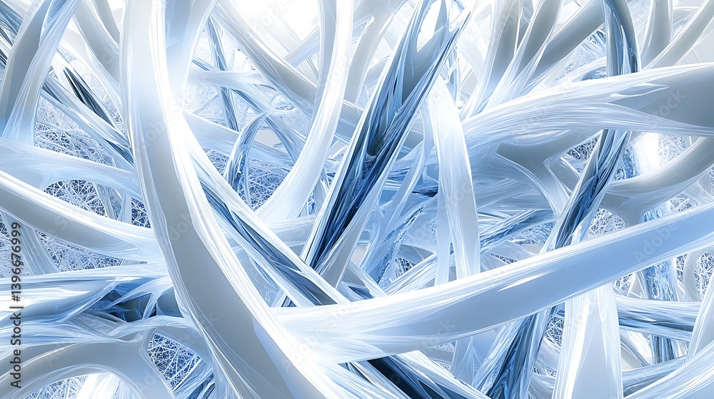 Poster abstract representation of intertwining white and blue strands creating a dynamic visual effect