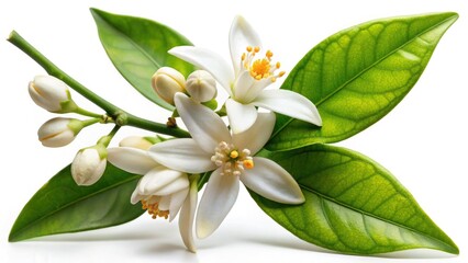 Close-up of neroli: pristine white flowers, detailed branch, capturing the essence of spring's citrus bloom.