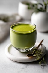 This image depicts a smooth matcha drink in a glass cup, showcasing its vibrant green color and creamy texture.