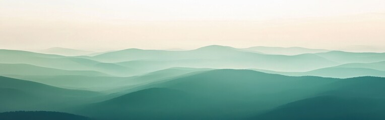 Abstract mountain landscape with teal and white gradient, panoramic view, hazy atmosphere, serene scenic background