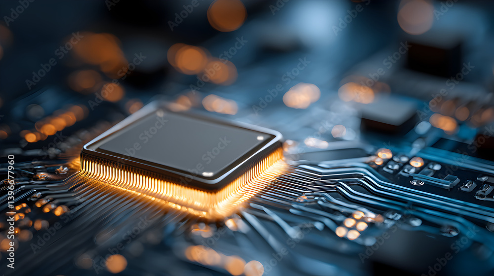 Poster close-up view of a computer microprocessor with circuit board and electric glow, symbolizing technol