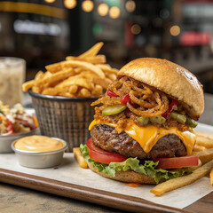 "Juicy Burger with Crispy Fries &ndash; Classic Fast Food Combo on White Background"

