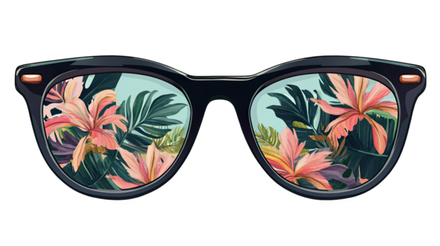 Black Sunglasses Reflecting Pink Tropical Flowers and Green Leaves