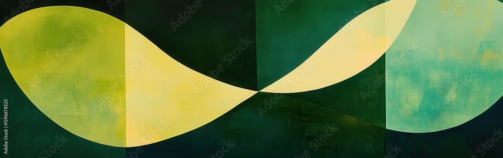 Poster abstract overlapping shapes in vibrant emerald green and light yellow create a geometric, painterly 