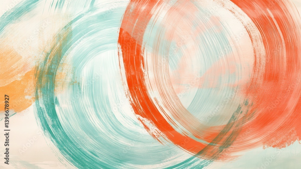 Poster dynamic abstract painting: circular brush strokes in turquoise, orange, and yellow creating a textur