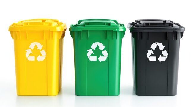 Collection of three recycling bins in different colors (black, green, yellow) isolated on white background