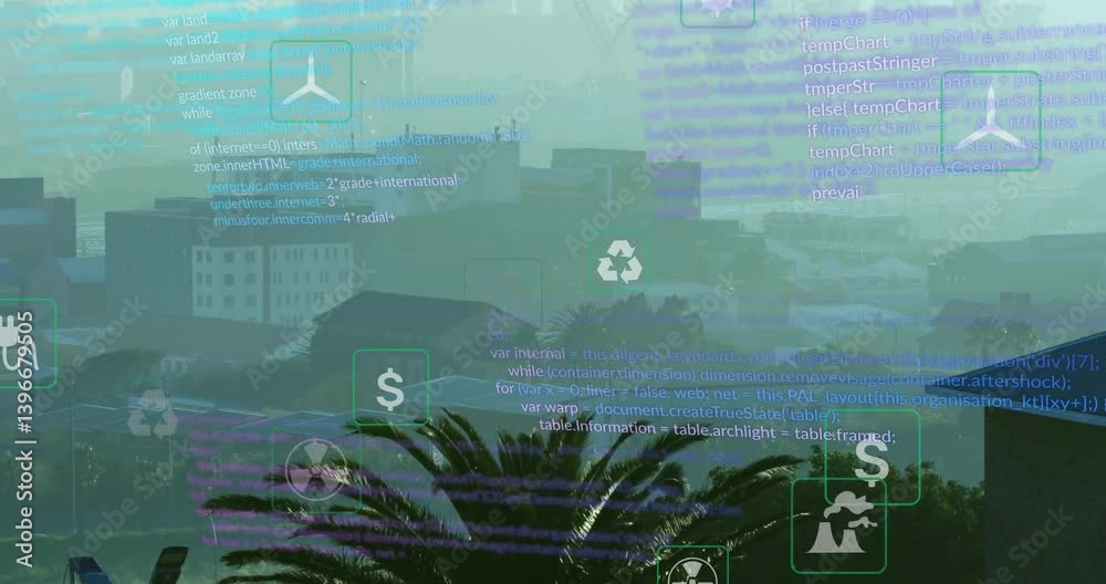 Poster animation of coding symbols overlaying urban landscape with palm trees in background