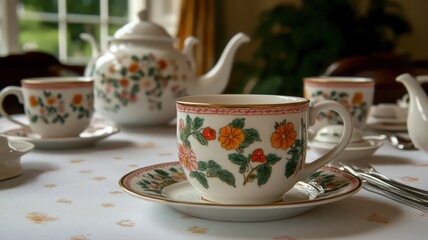 Floral Tea Set with White Ceramic Teapot and Cups Displayed on Patterned White Tablecloth in Bright Indoor Light