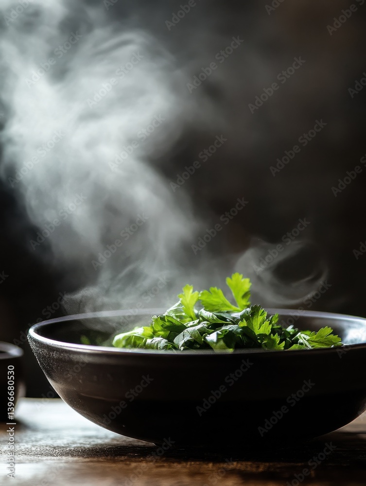 Poster steaming bowl of fresh parsley: aromatic herbs in dark setting with rising steam