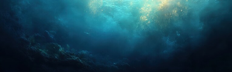 Fototapeta premium Ocean Depth: Sunlit Underwater Scene with Deep Blue Tones and Golden Glitter