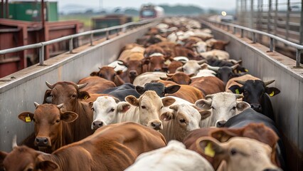 Cattle Transport: Many Beef Cattle in Transit, Brown and White Cattle on the Move, Livestock Transportation of Simmental Cattle, Calf Herd Being Transported.