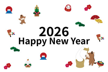 2026 New Year's card horizontal writing, rice cake pounding with horse parents and children
