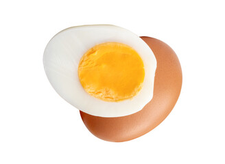 Front view of raw brown chicken eggs and cooked or boiled chicken egg with egg yolk in half in stack isolated with clipping path in png file format