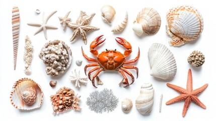 A vibrant collection of seashells, starfish, and a central orange crab arranged on a white background, evoking a coastal aesthetic